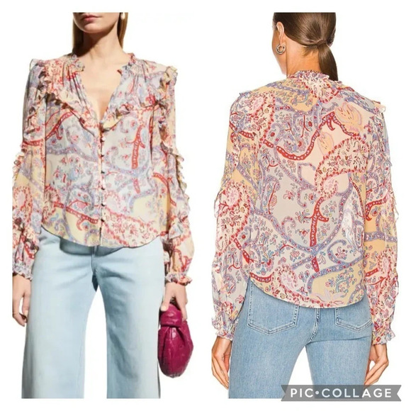 Veronica Beard Andri Paisley Print Silk Chiffon Ruffle Sleeve Sheer Blouse 2 - Picture 3 of 12